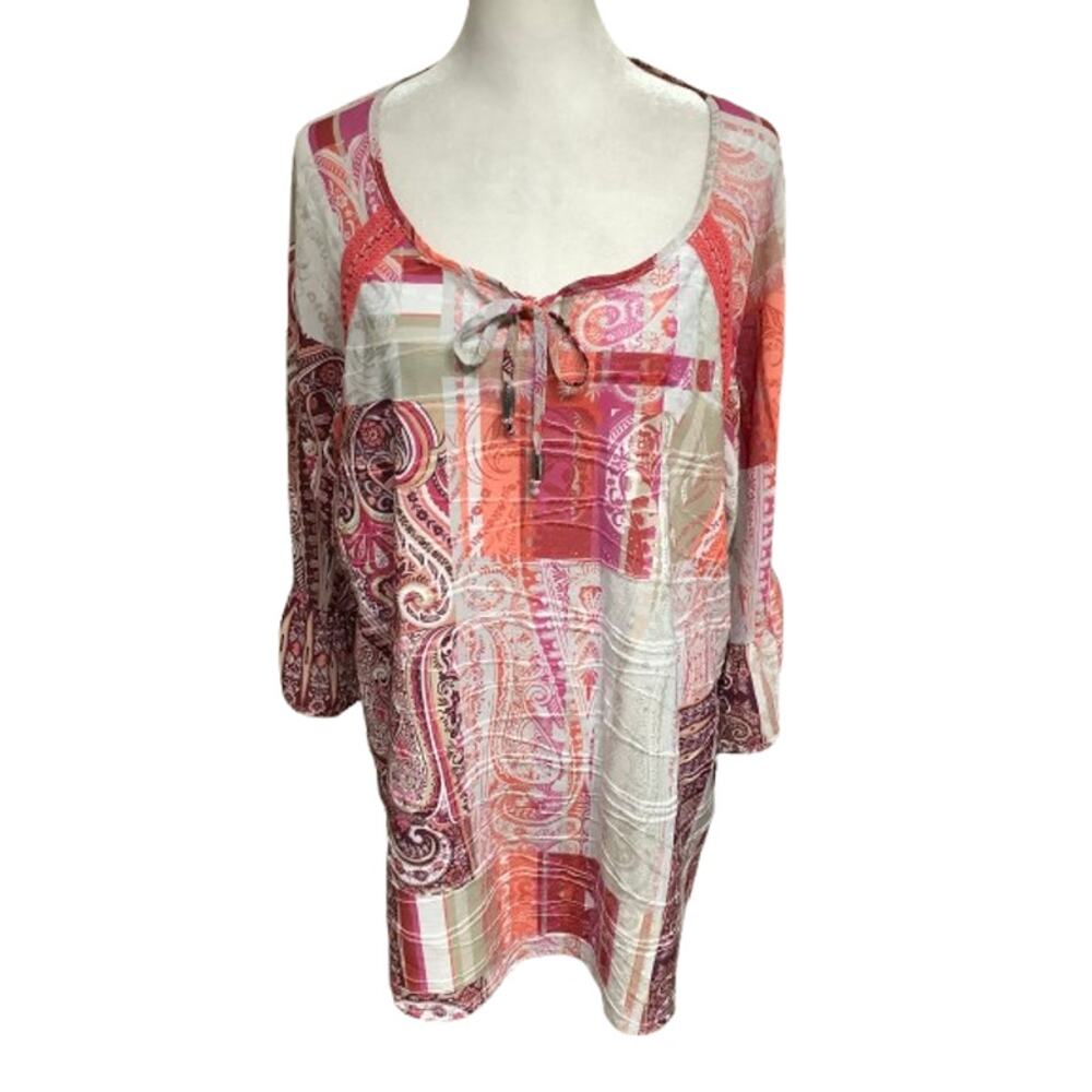 Catherines 1X Pink Orange Maroon Paisley Flutter Sleeve Tunic Boho Patchwork
